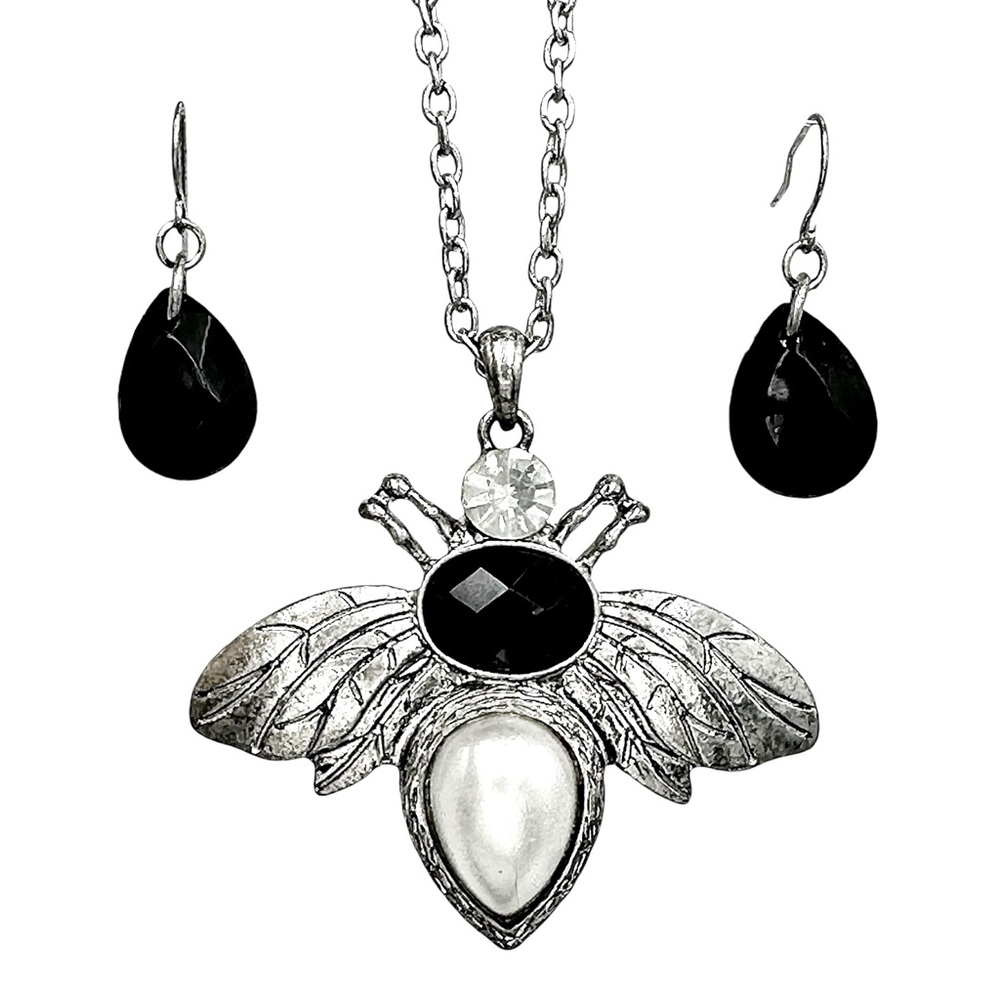 Bee Silver Tone Pearl Vintage Look Necklace Earrings Set